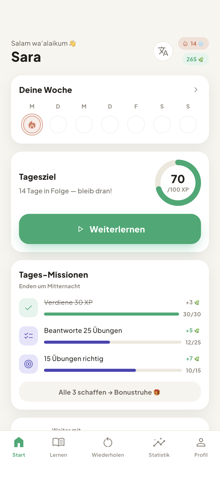 Startseite mit Lern-Serie und Tagesziel